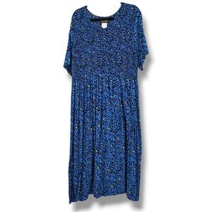More Jazz Dress Blue Floral Smocked Bodice Short Sleeve Midi‎ Casual Size 2XL